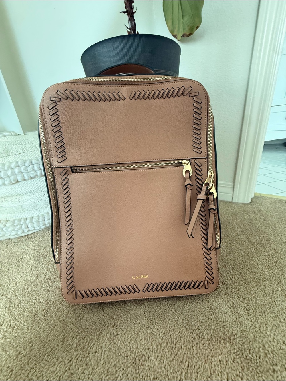Calpak Rose Tan Backpack with Whipstitch Trim